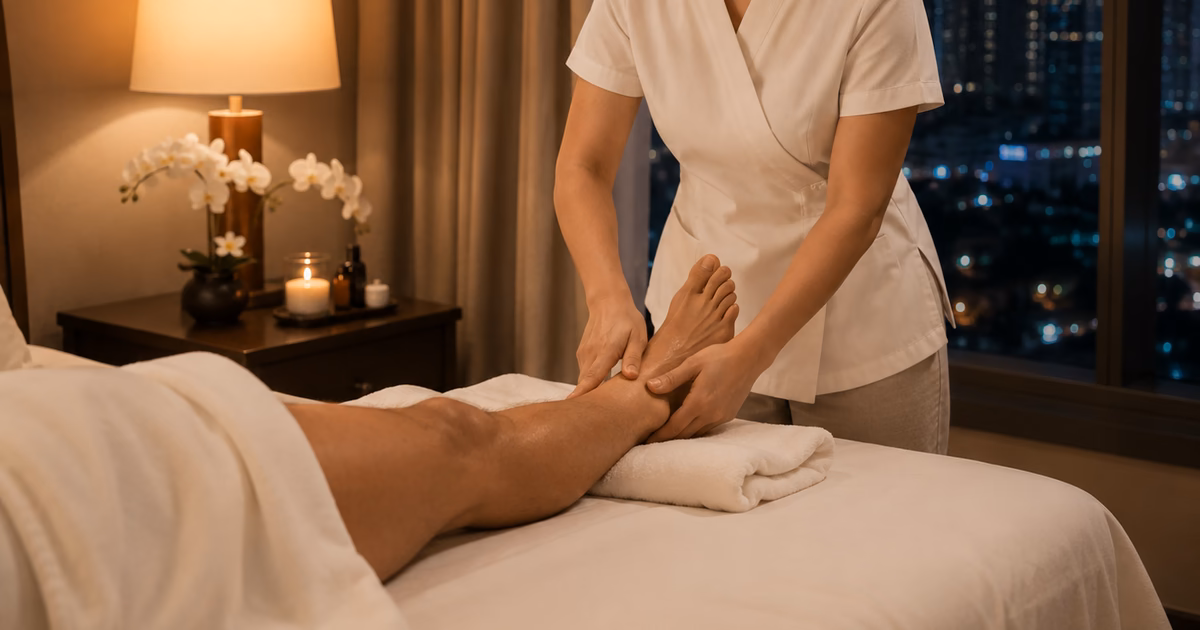A therapist working a client's lower leg and foot draped in white towels, with the Bangkok skyline at night, a massage for tired legs and feet after walking the city