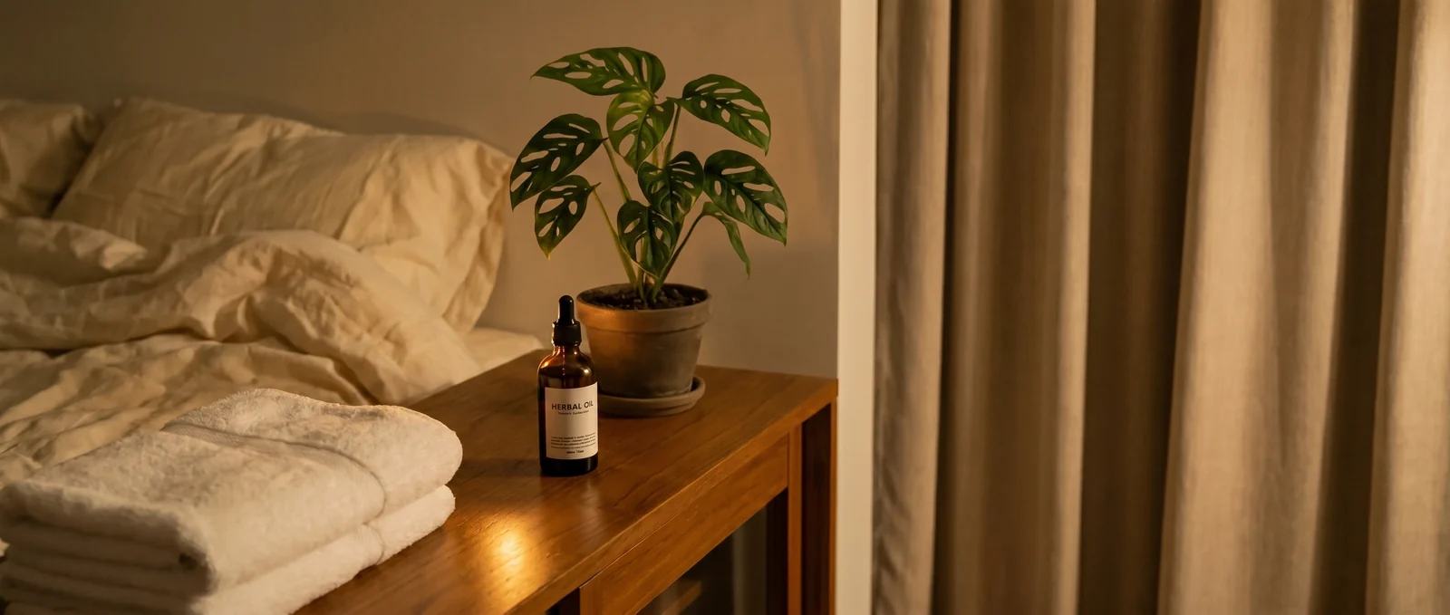 A warm, quiet corner of a Bangkok bedroom after a massage, with folded towels and an oil bottle