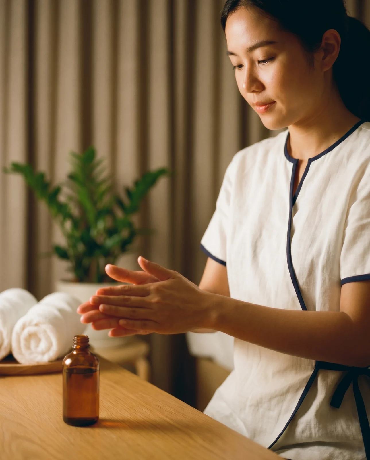 A Luna therapist warming scented oil between her hands beside an amber oil bottle in a softly lit room