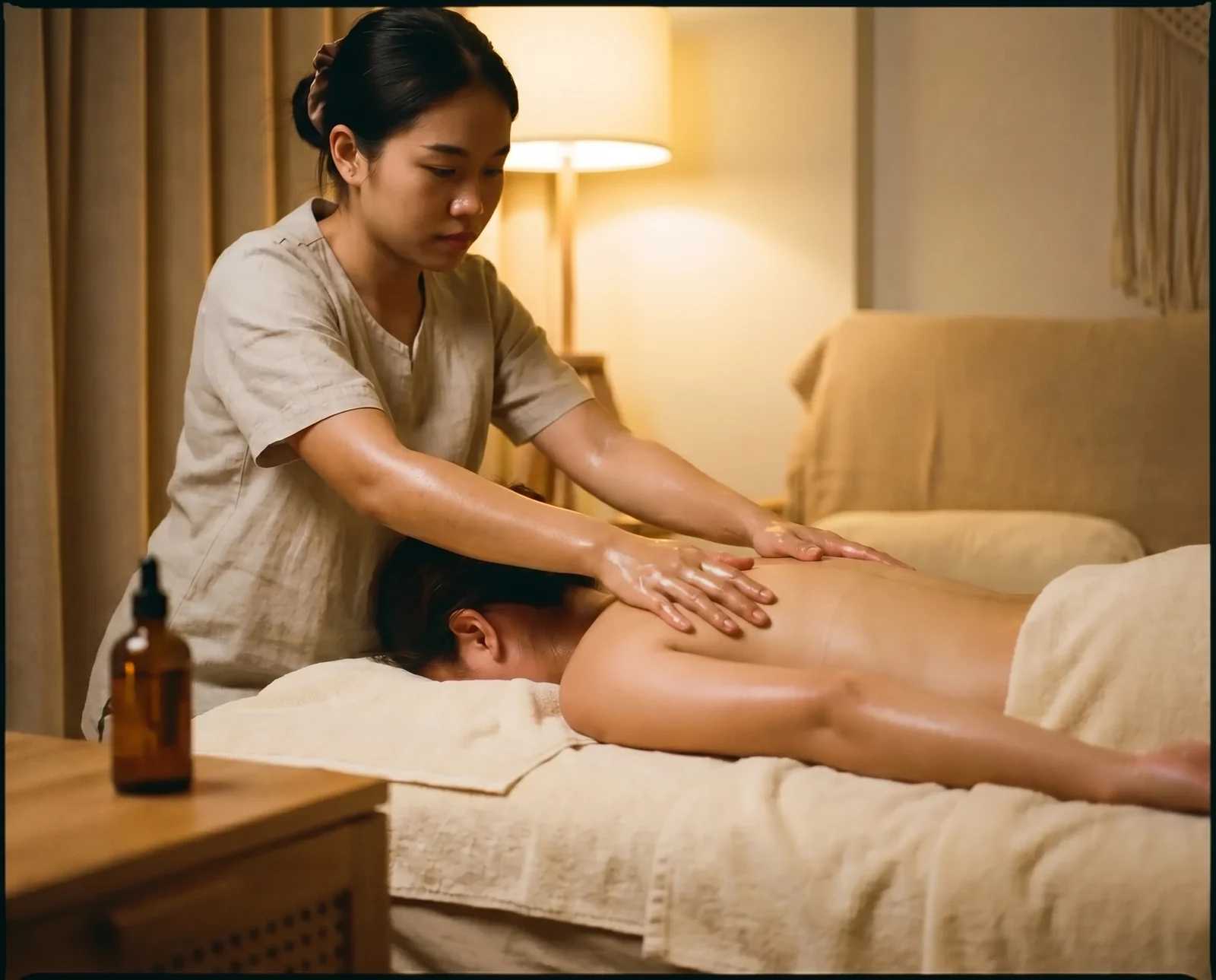 A Luna therapist working warm oil along the shoulders during an at-home massage in low, warm light