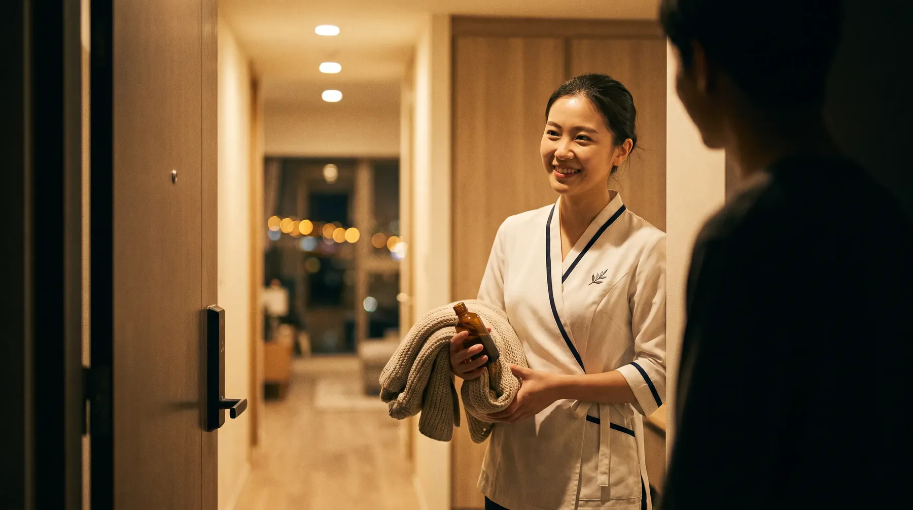 A Luna therapist arriving with warm towels and oil, welcomed at the door of a calm Bangkok apartment at night