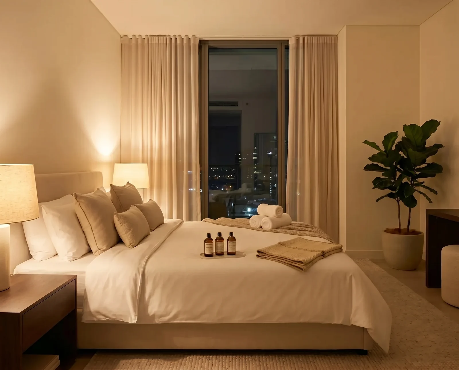 A warm, low-lit at-home setup for a Luna aromatherapy massage, aromatic essential oils and rolled towels on a wooden tray in the customer's own space