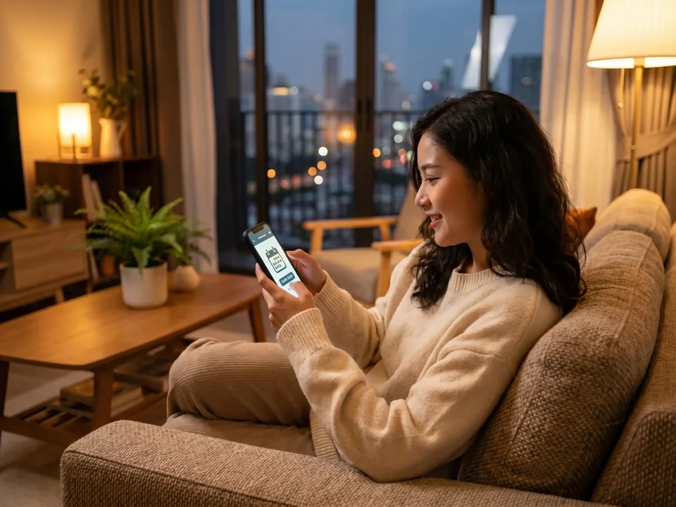 Relaxing at home in Asok, choosing a Luna massage on a phone