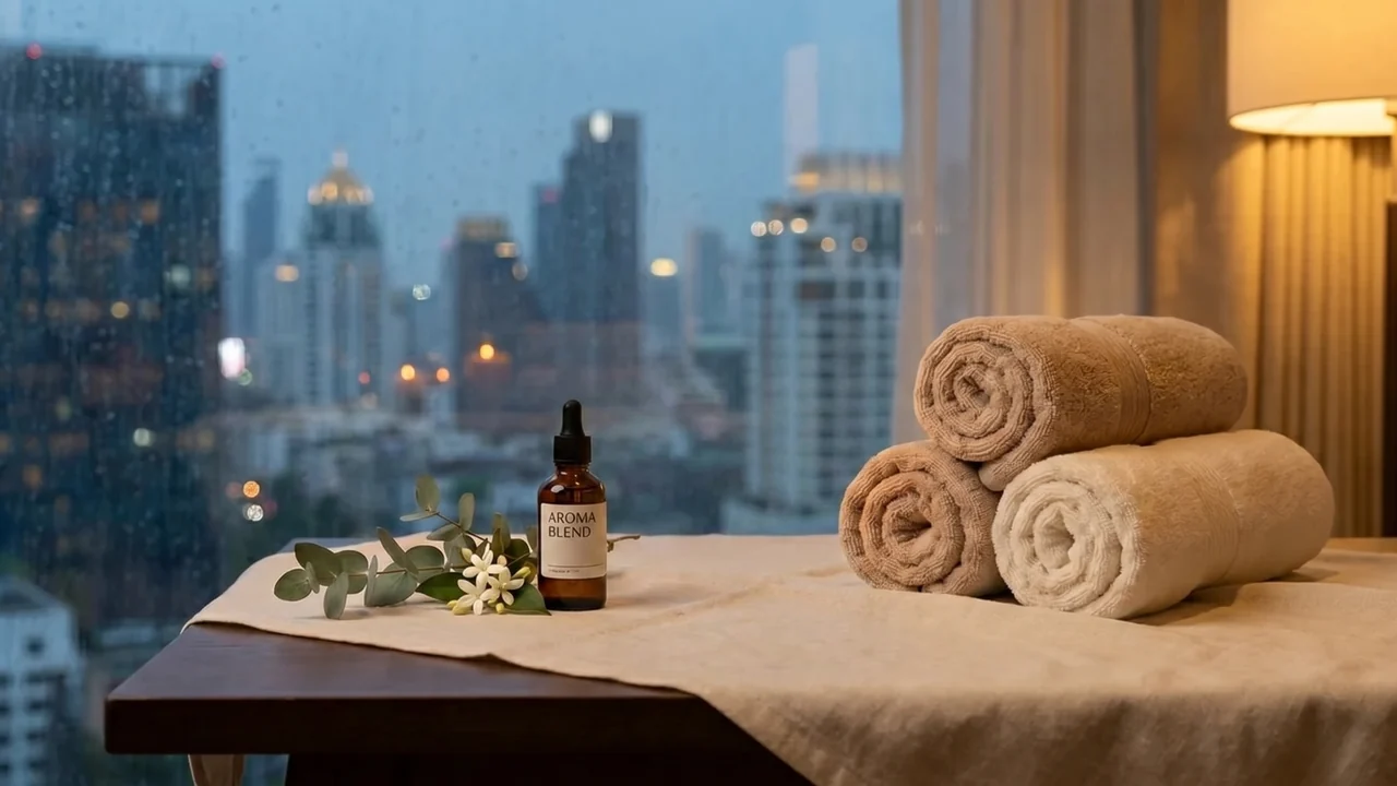 A serene, warmly lit at-home setting in Asok prepared for a calm massage, soft linens, folded towels and a small bottle of oil in low warm light in the customer's own space