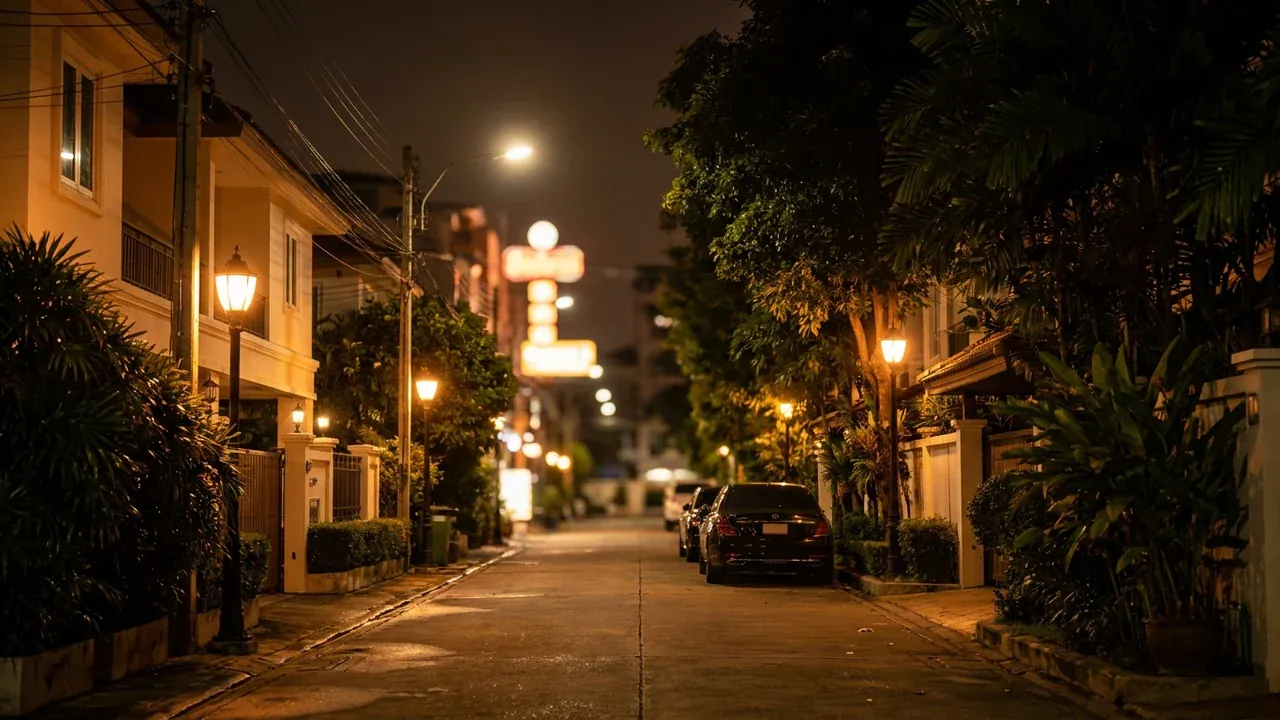 A quiet, leafy residential soi off Sukhumvit near the EM District at night, warm lamplight on the pavement