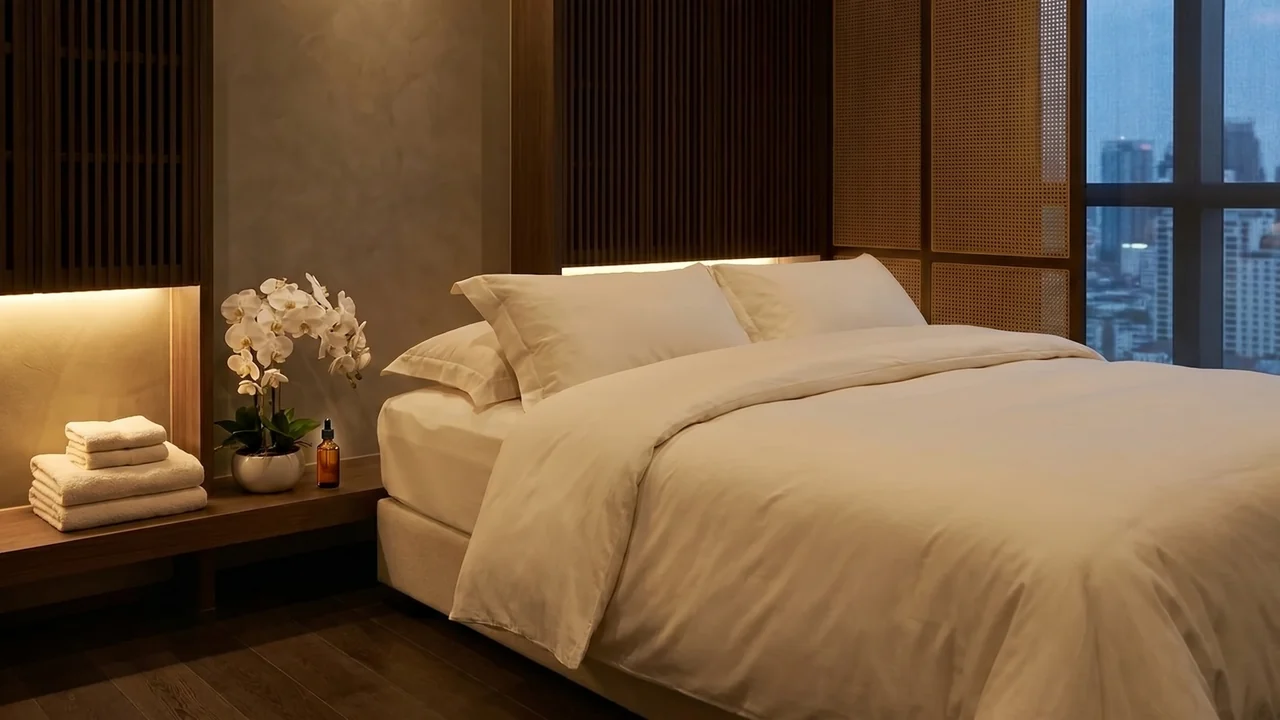 A serene, warmly lit at-home setting in Silom prepared for a calm massage, soft linens, folded towels and a small bottle of oil in soft warm light in the customer's own space