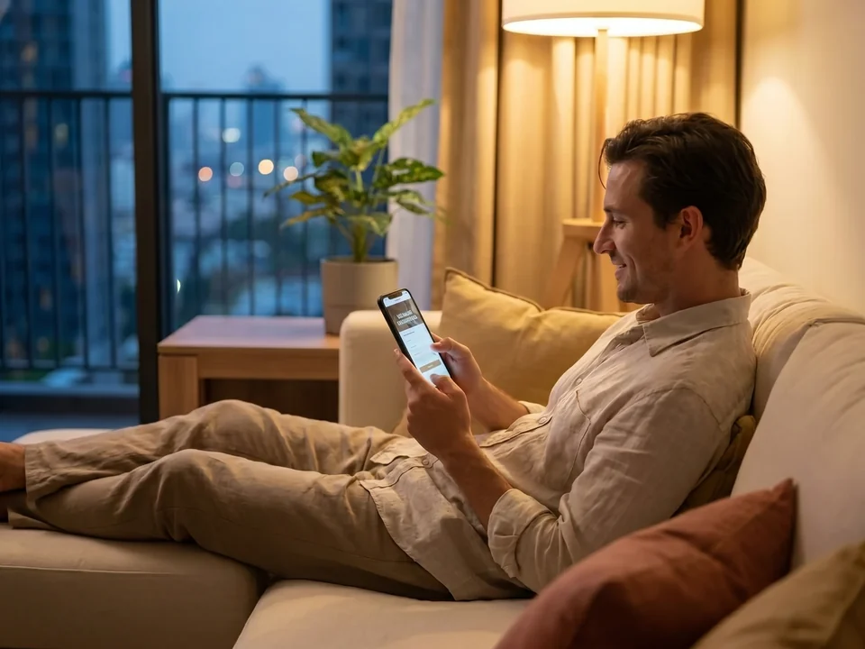 Relaxing at home in Phrom Phong, choosing a Luna massage on a phone