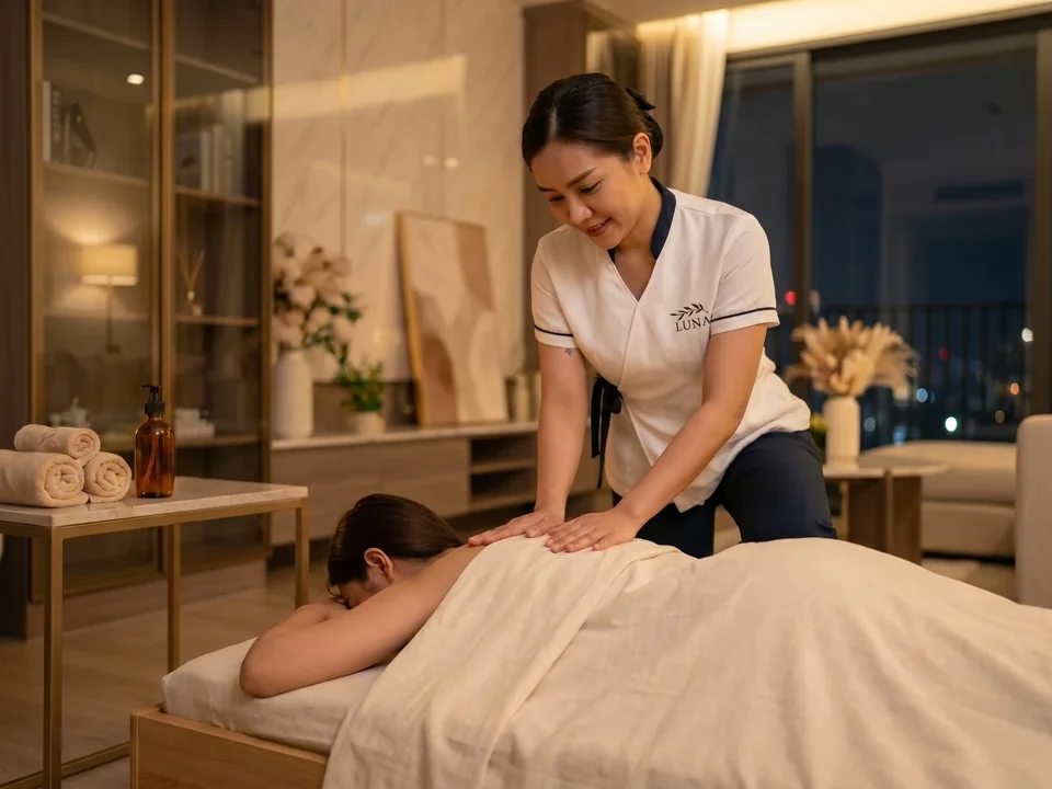 A calm Thai massage at home in Phrom Phong under warm lamplight, soft linens in the customer's own space