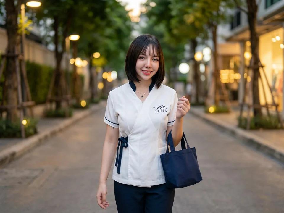 A Luna therapist on the way to you along a quiet Phrom Phong soi at dusk
