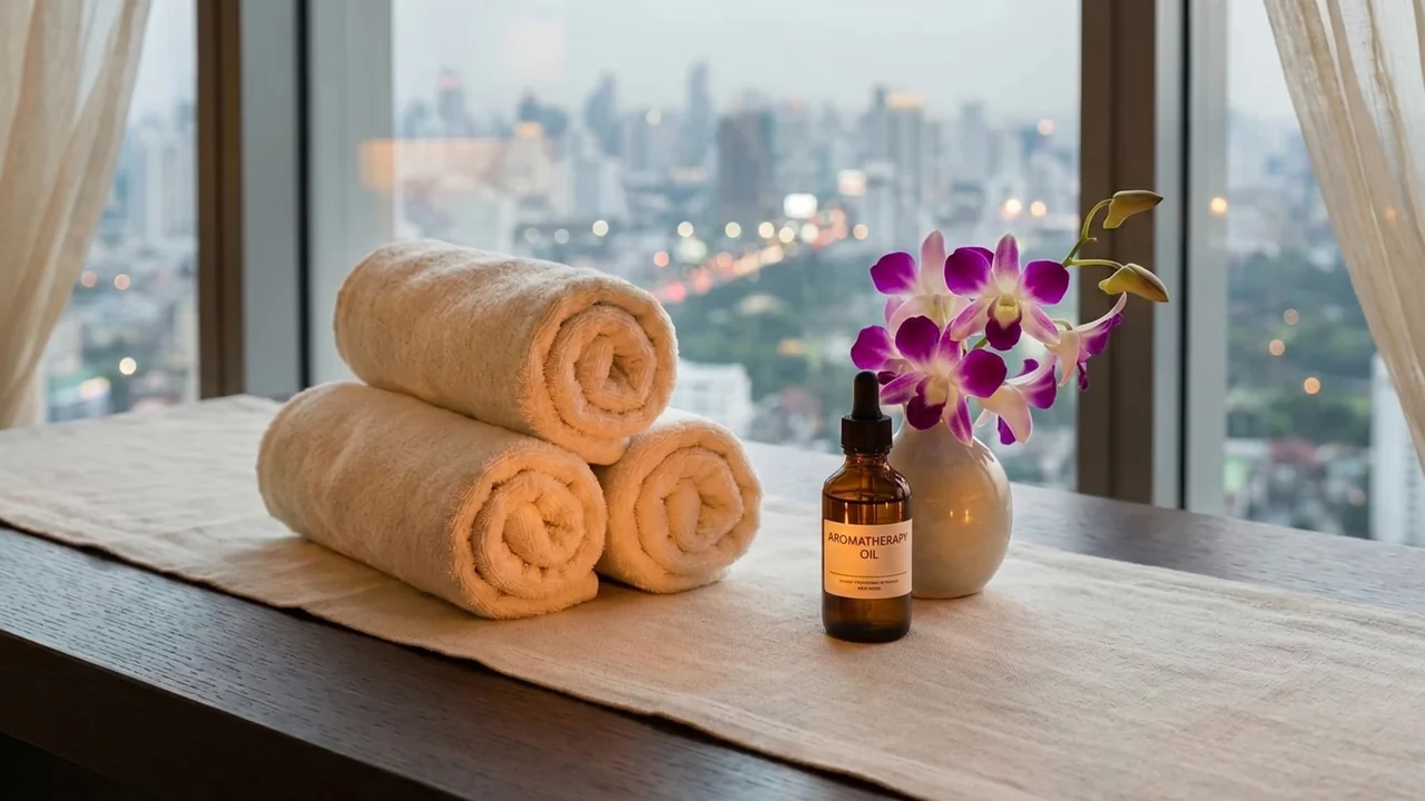 A serene, warmly lit at-home setting in Phrom Phong prepared for a calm massage, soft linens and a small bottle of oil under warm lamplight in the customer's own space