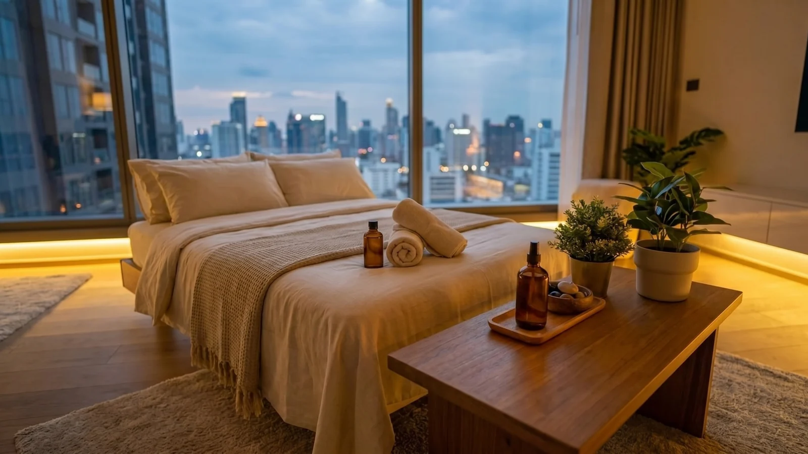 A calm Thai massage at home in Sathorn in warm lamplight, the working day left behind in the customer's own space