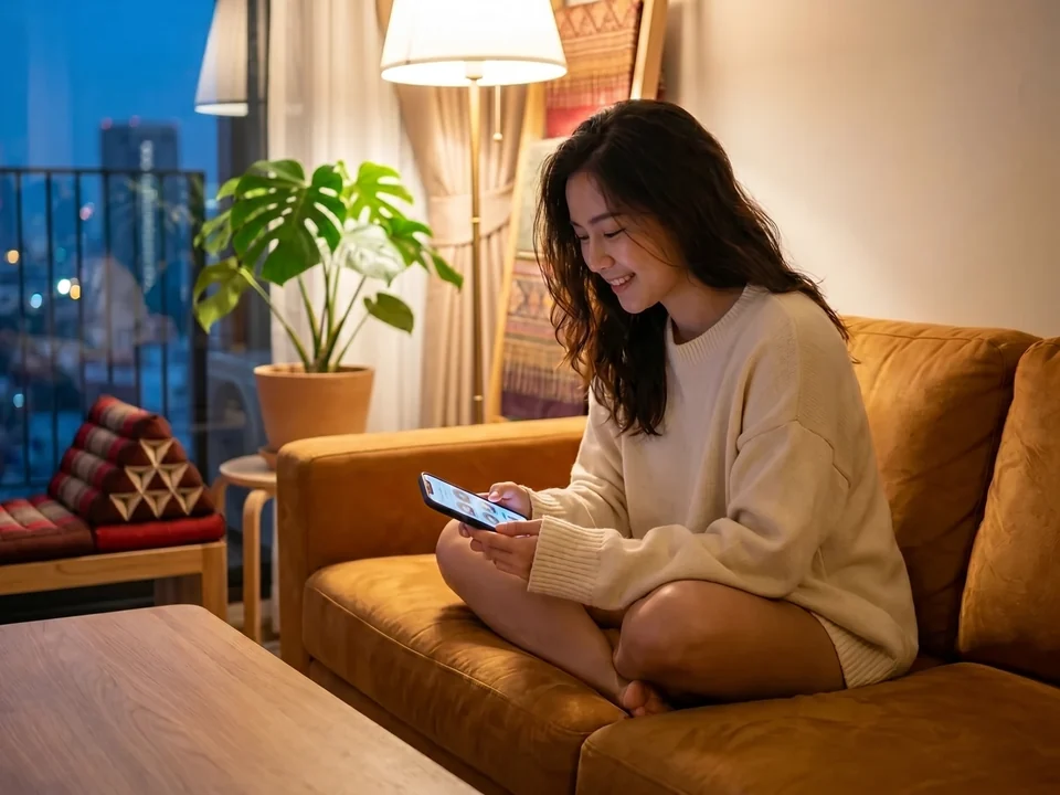 Relaxing at home in Silom, choosing a Luna massage on a phone