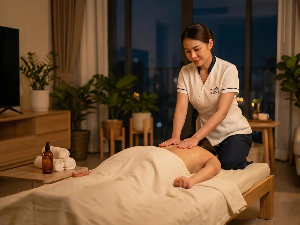 A calm Thai massage at home in Silom in warm lamplight, the customer relaxing in their own space