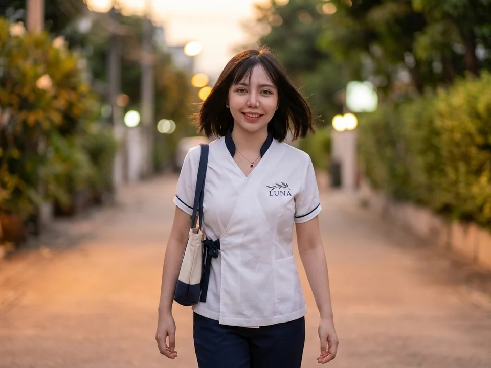 A Luna therapist on the way to you along a quiet Silom street at dusk