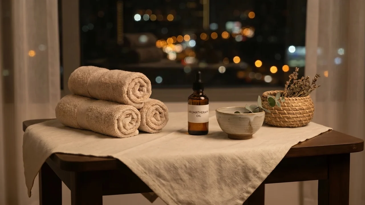 A serene, warmly lit at-home setting in Silom prepared for a calm massage, soft linens and a small bottle of oil with city lights through the window in the customer's own space