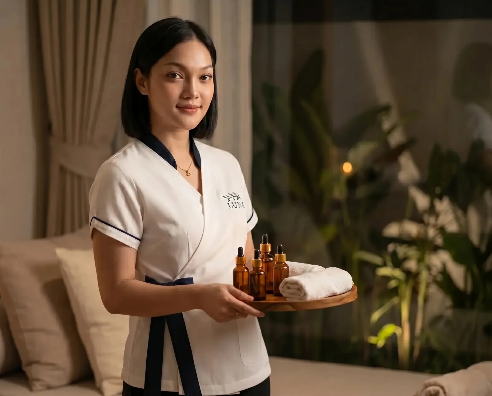 A Luna therapist holding a wooden tray of warm massage oils and a folded towel, ready for an at-home oil massage