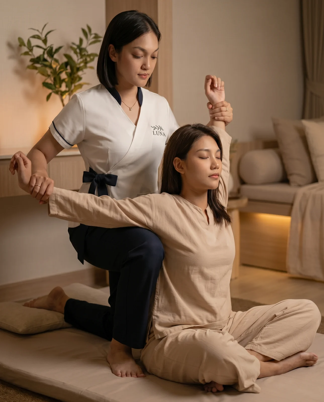 A Luna therapist guiding a fully-clothed client through a seated Thai massage back-opening stretch on a floor mat in warm low light