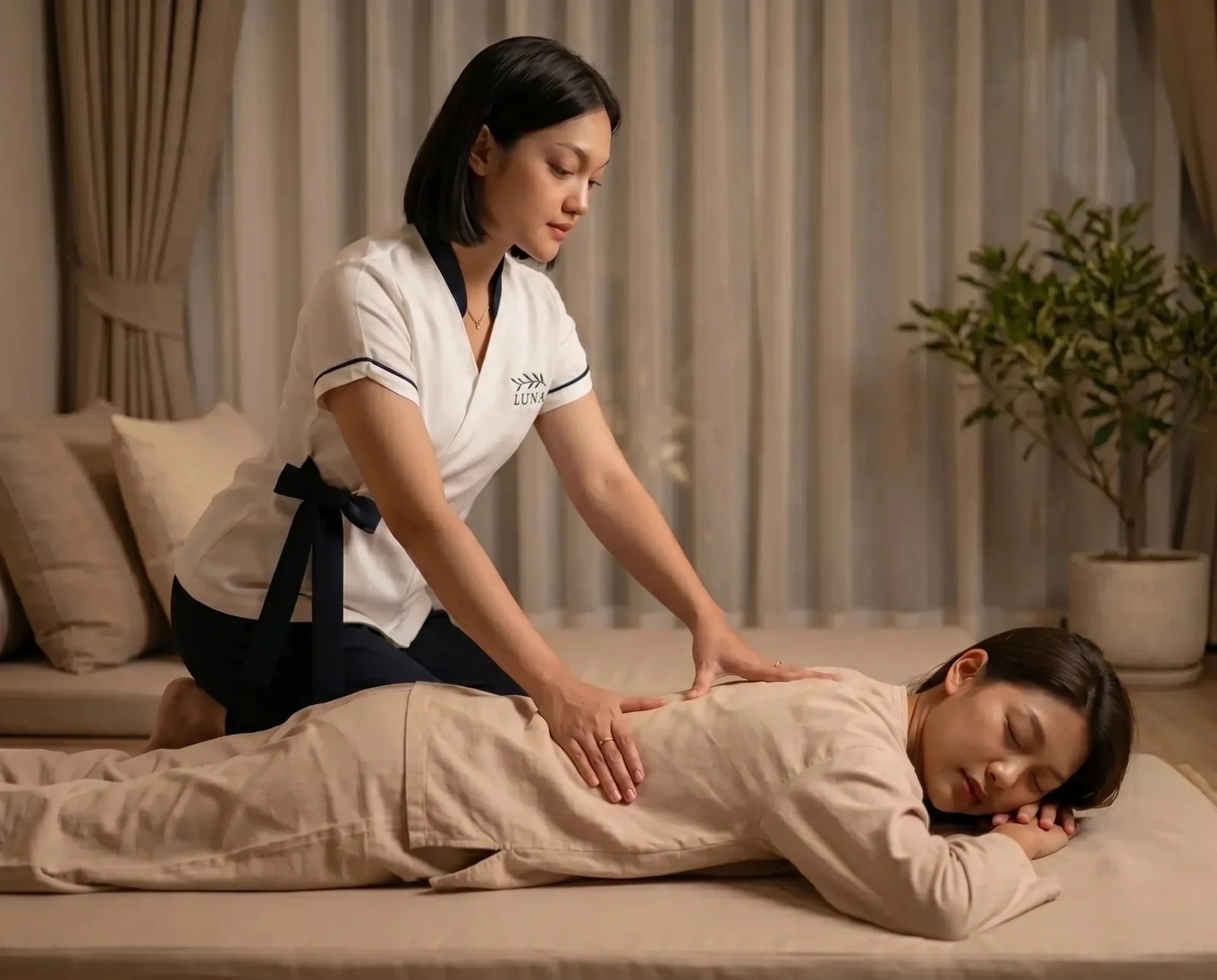 A Luna therapist applying steady palm acupressure along the back of a fully-clothed client on a floor mat during an at-home Thai massage